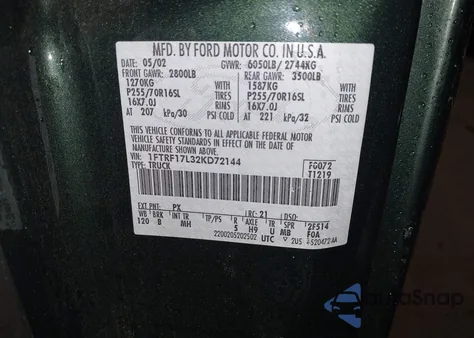 2002 Ford F-150 Xl/Xlt from USA, damaged, VIN 1FTRF17L32KD72144